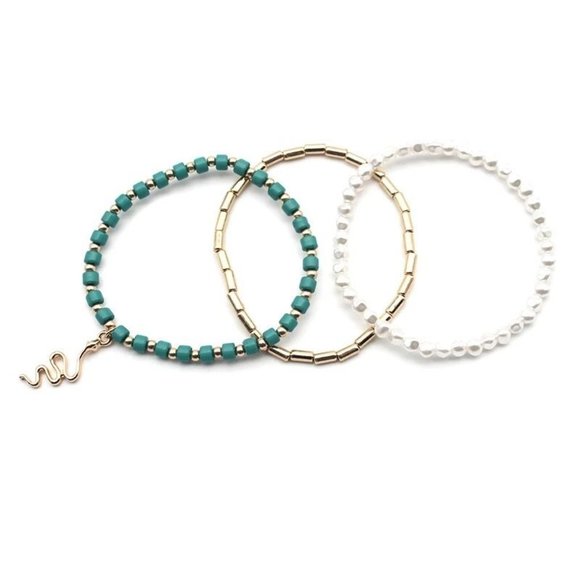 3 Bohemian bracelets set golden snake turquoise pearl gold multi layer stretch b - Picture 6 of 6